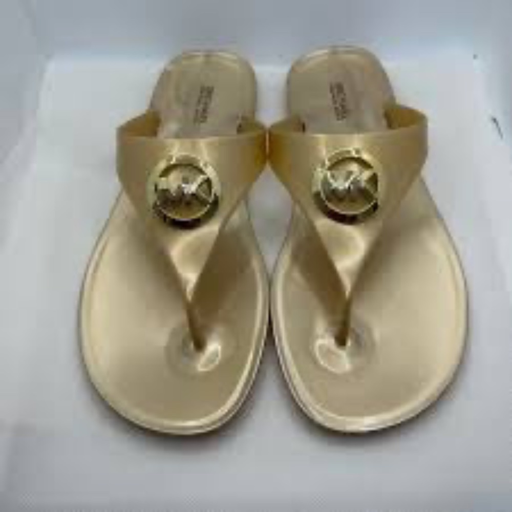 Never Worn  MICHAEL KORS Logo Metallic Rubber Thong/Flip-Flop Sandals